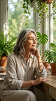 Mature woman with long gray hair wearing light linen shirt, sitting by sunny window surrounded by potted plants and hanging greenery, contemplative expression, indoor gardening lifestyle portrait.
