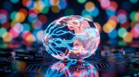 Glowing brain sphere with electric neural pathways on circuit board, representing artificial intelligence, machine learning, and digital technology innovation.