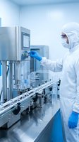 Pharmaceutical technician in protective suit operating sterile manufacturing equipment in modern cleanroom facility for drug production and quality control.