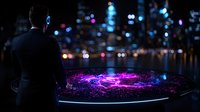 Businessman observing futuristic holographic display with glowing purple energy visualization against dark cityscape with bokeh lights and reflections.