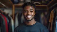 Young African American man with bright smile wearing dark t-shirt standing in walk-in closet with clothes rack background, looking at camera with confident expression.