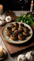 Homemade meatballs garnished with fresh herbs served on rustic ceramic plate with garlic, parsley and wine glass creating cozy dinner atmosphere.