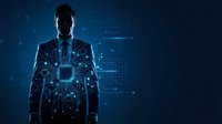 Businessman silhouette with digital circuit board overlay on blue tech background. Concept for artificial intelligence and modern technology solutions.