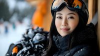 Young Asian woman snowboarder in winter gear with goggles and helmet smiling at mountain ski resort ready for slopes adventure and extreme sports activities.