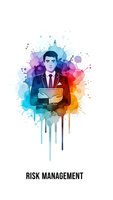 Professional businessman in suit holding laptop with colorful watercolor splash background for risk management and business strategy concepts.