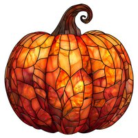 Orange pumpkin with stained glass mosaic pattern in warm autumn colors and curved stem on white background, ready for seasonal design projects.