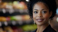 Professional African American businesswoman with curly hair and earrings smiling confidently in modern office environment with blurred background bokeh lights.