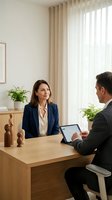 Professional businesswoman in navy blazer meeting with male colleague at modern office desk discussing project with tablet technology in bright workspace.