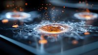 Orange glowing particles splash on reflective dark surface creating ripple effect with floating light orbs and dynamic water movement in macro photography.