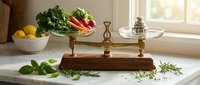 Vintage brass balance scale with fresh organic vegetables and herbs on marble kitchen counter for healthy cooking and nutrition concepts.