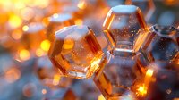 Abstract macro photography of hexagonal glass or crystal shapes with warm orange bokeh lighting effects, perfect for technology, science or innovation backgrounds.