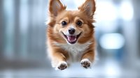 Happy brown Chihuahua puppy running towards camera with tongue out and paws in air. Energetic small dog breed showing excitement and joy indoors.