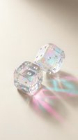 Transparent crystal dice with iridescent rainbow reflections casting colorful light patterns on neutral background for gaming and entertainment concepts.