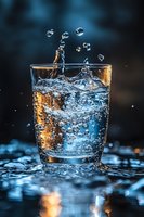 Dynamic splash in glass of crystal clear water with floating droplets against dark background, dramatic lighting creates golden reflections and blue tones.