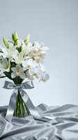 Elegant white lily and orchid bouquet with silver ribbon on silk fabric for wedding celebrations and special occasions.