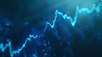 Glowing blue financial chart lines showing market growth against dark background, abstract digital visualization for business analytics.
