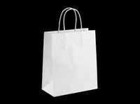 White paper shopping bag with twisted handles, isolated on transparent background. Ready for mockups, retail branding, packaging design, stickers, and print on demand use.