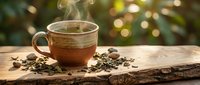 Steaming ceramic coffee mug with scattered roasted beans on rustic wooden surface against warm bokeh lights background for cozy cafe atmosphere.