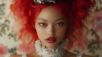 Young Asian woman with vibrant red curly hair wearing ornate vintage costume with lace collar and decorative headpiece in romantic floral setting.