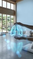 Hands protecting glowing holographic lungs in modern bedroom interior for respiratory health and wellness concept.