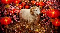Asian lunar new year celebration with white sheep surrounded by red lanterns, blooming cherry blossoms, and golden confetti for festive holiday designs.
