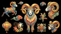 Colorful Chinese zodiac goat and ram set with lantern, fireworks, and floral elements, isolated on transparent background, ready for stickers, sublimation, and t-shirt design.