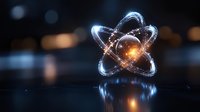 Glowing atomic structure with orbiting electrons and bright nucleus reflected on dark surface. Scientific concept showing quantum physics and nuclear energy.