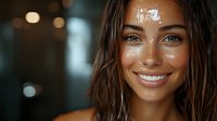 Young mixed race woman with wet glowing skin and bright white smile against dark blurred background with bokeh lights, beauty and skincare concept.