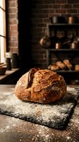 Freshly baked artisan sourdough loaf with crispy crust resting on stone surface in rustic bakery kitchen with brick walls and warm natural light from window.