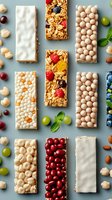 Assortment of protein and granola bars with berries, nuts and fruits on blue background. Healthy snack options for energy boost.