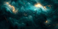 Ethereal turquoise and gold nebula with swirling cosmic clouds and glowing energy streams against dark space background, creating mystical atmospheric art.