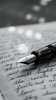 Fountain pen with ornate nib resting on handwritten manuscript page, shallow depth of field, monochrome composition for writing, literature, and creative projects.