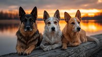 Three dogs lying on wooden dock at sunset with golden sky reflected in calm lake water creating peaceful evening atmosphere.