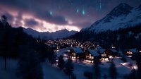 Illuminated mountain village with cozy wooden chalets glowing warmly against snowy landscape under dramatic night sky with northern lights and stars.