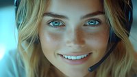 Young blonde woman with bright blue eyes and radiant smile wearing headset against turquoise background, representing customer service and positive communication.