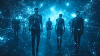 Silhouettes of people walking in mystical glowing blue space environment with stars and cosmic dust, spiritual journey concept for metaphysical designs.