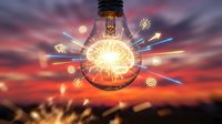 Glowing light bulb with illuminated filament and radiating energy rays against dramatic sunset sky backdrop, symbolizing innovation, creativity, and bright ideas for business concepts.