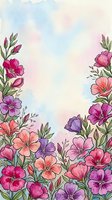 Watercolor floral border with pink, purple, and coral blooms on a soft pastel background, perfect for cards, posters, and spring designs.