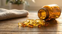 Golden omega-3 fish oil capsules spilling from amber glass bottle on wooden table with knitted blanket creating warm wellness lifestyle scene.