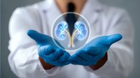 Medical professional in white coat and blue gloves holding holographic projection of human kidneys, representing healthcare technology and nephrology advancement.