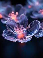 Glowing translucent flower with delicate petals in blue and coral pink tones against dark background creates ethereal atmospheric mood for wall art and creative projects.