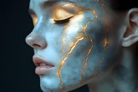 Female face with gold cracked makeup art on blue skin, closed eyes and parted lips in dramatic lighting, creative beauty portrait for cosmetic advertising.