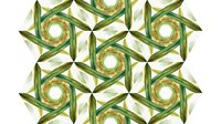 Geometric seamless pattern featuring green okra pods arranged in triangular formations with golden spiral centers, tiles into a single continuous background.