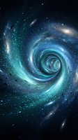 Cosmic spiral galaxy with swirling blue and turquoise nebula clouds, stardust particles and celestial energy vortex in deep space for astronomy backgrounds.