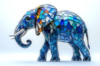 Mosaic elephant sculpture in vibrant blue tones with geometric stained glass pattern design featuring angular shapes and metallic accents on white background.