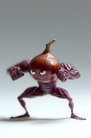 Funny food art character made from fresh red onion with muscular purple body in fighting stance against light background, creative culinary concept.