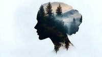 Silhouette of woman's head filled with misty forest landscape and mountain scenery, double exposure effect creating dreamy nature profile portrait.
