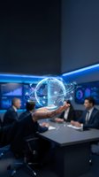 Businessman holding glowing digital globe with orbital network lines in modern office meeting room with colleagues, representing global connectivity and international business communication.