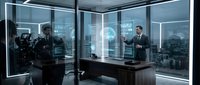 Professional businessman in modern glass office with holographic displays and futuristic technology interface for corporate presentations.