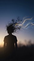 Silhouette of person with flowing curly hair and light trails against twilight sky background for creative design concepts.